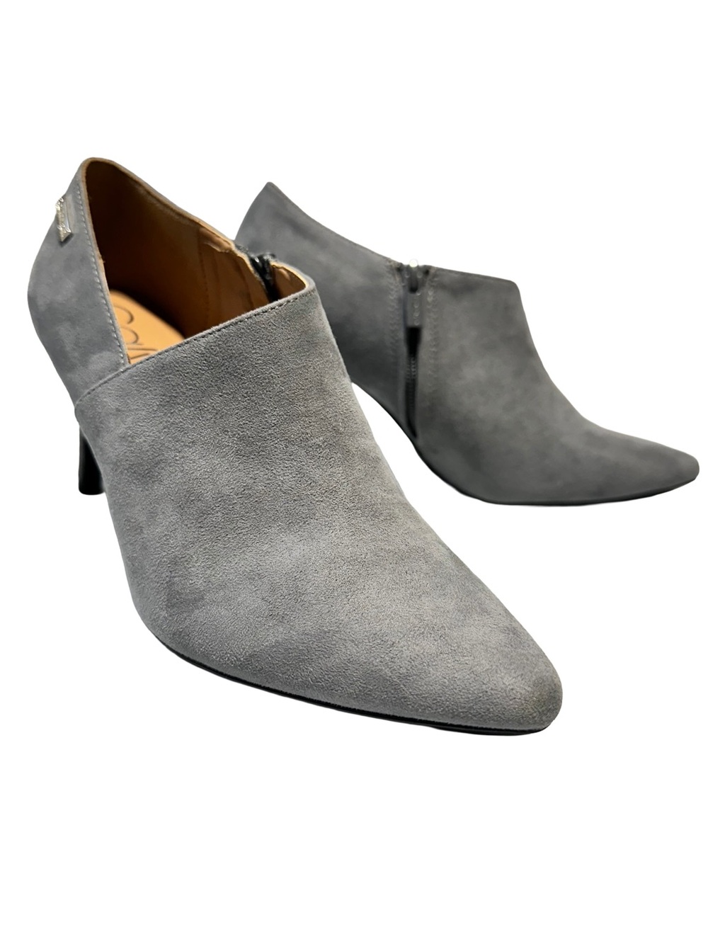 Calvin Klein Gray Suede Pointed Toe Ankle Booties Heels 6.5